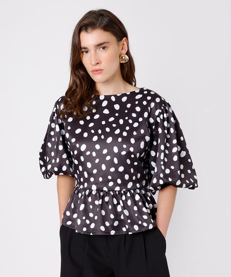 blusa feminina acetinada manga bufante poá  mindset preta