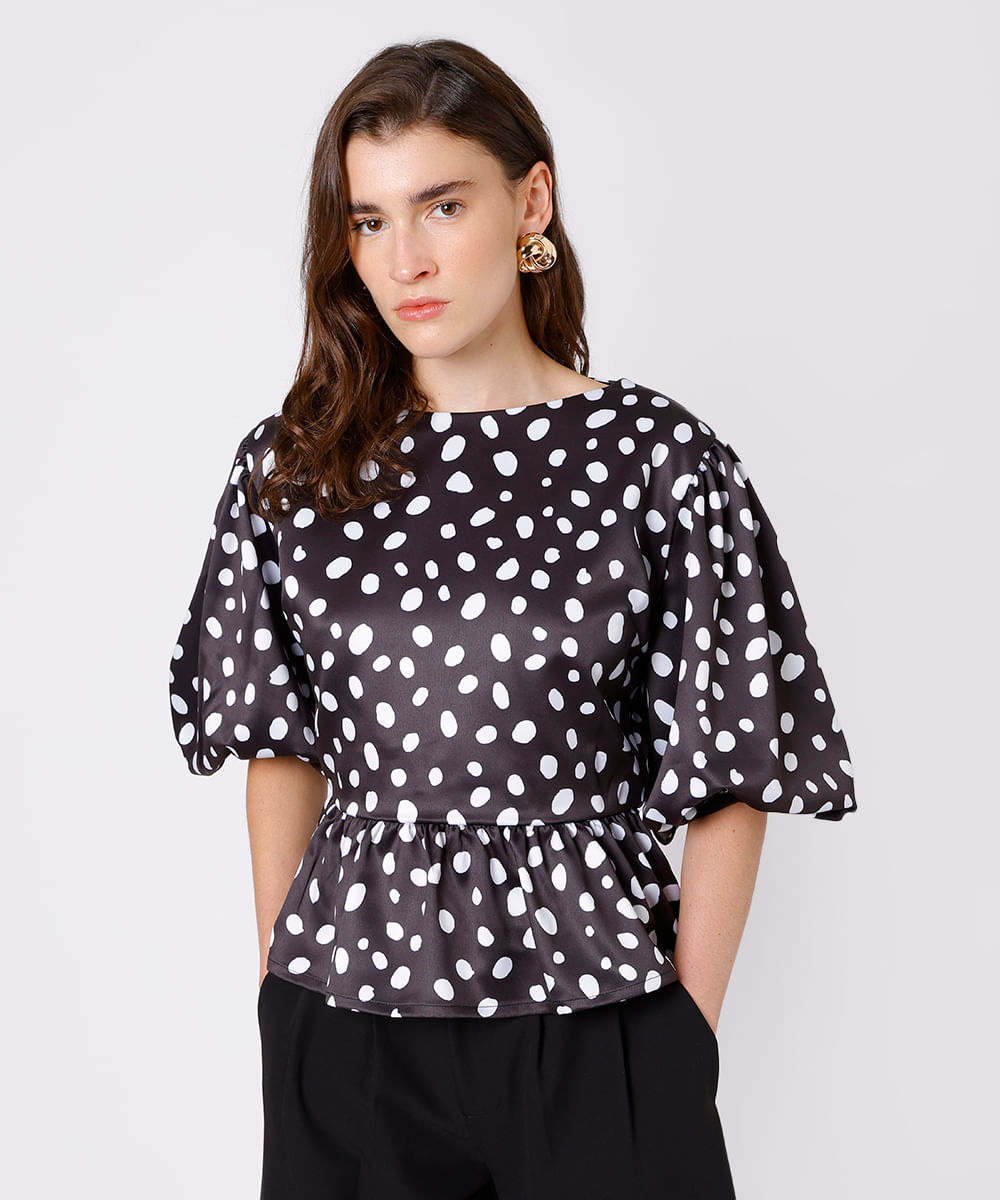 blusa feminina acetinada manga bufante poá  mindset preta