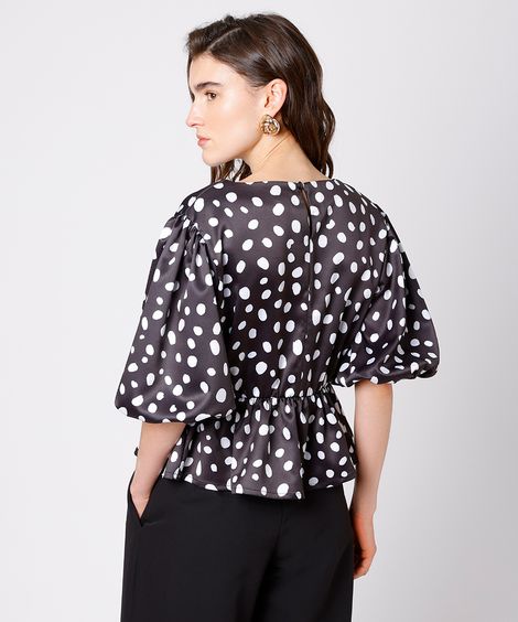 blusa feminina acetinada manga bufante poá  mindset preta