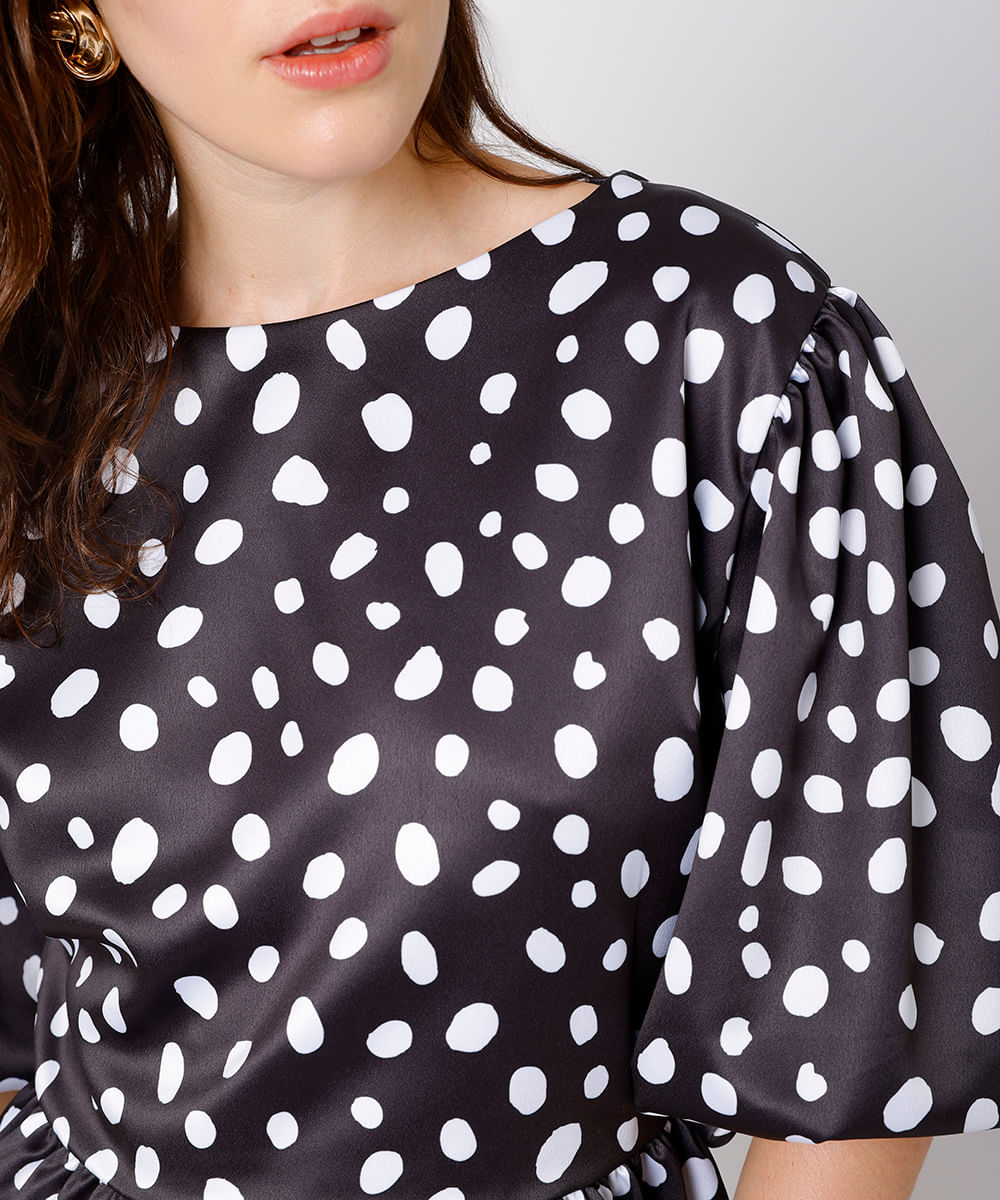 blusa feminina acetinada manga bufante poá  mindset preta