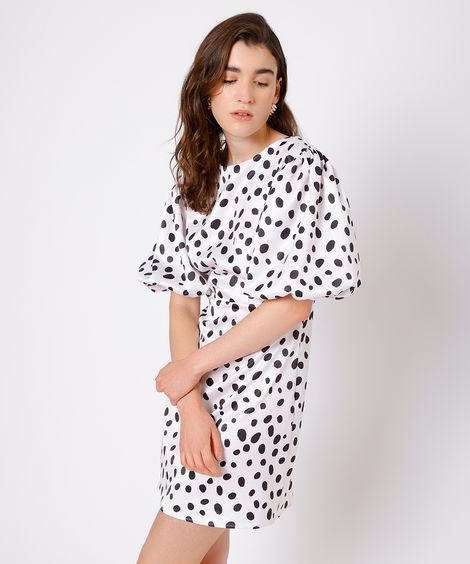 vestido curto feminino acetinado manga bufante poá mindset off white