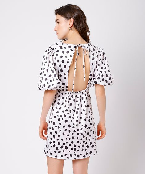 vestido curto feminino acetinado manga bufante poá mindset off white