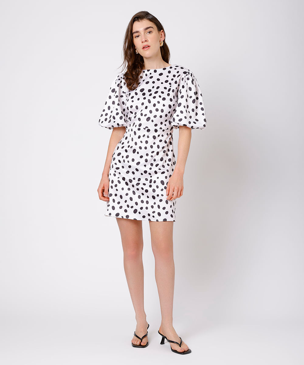 vestido curto feminino acetinado manga bufante poá mindset off white