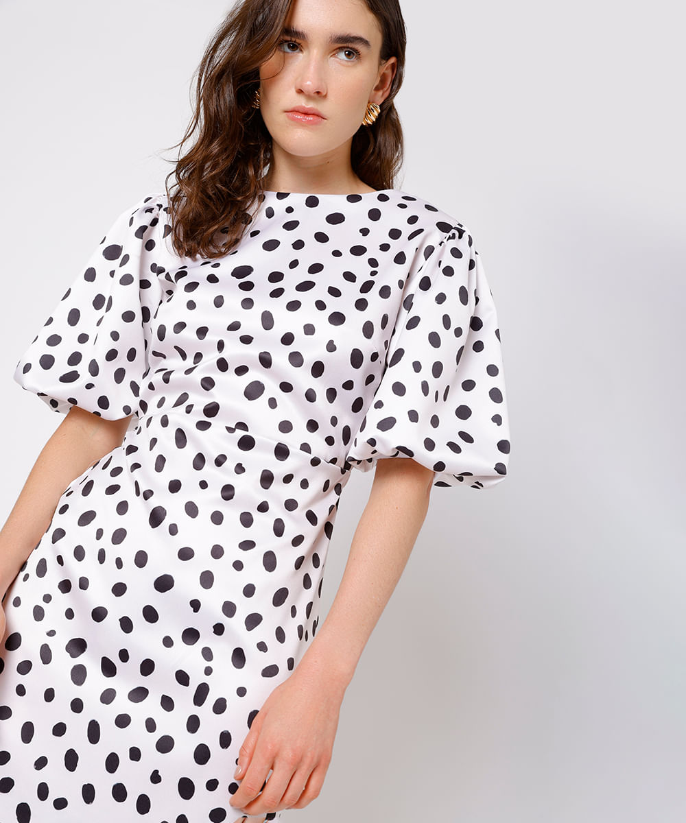 vestido curto feminino acetinado manga bufante poá mindset off white