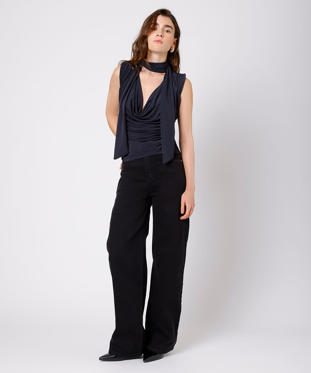 blusa feminina drapeada com gola echarpe mindset preta