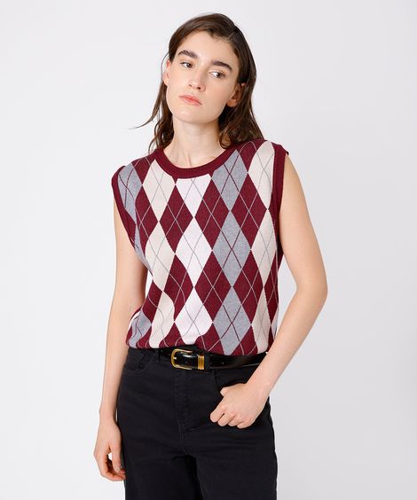 colete feminino de tricot xadrez argyle mindset vinho