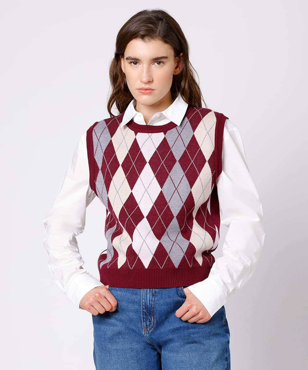 colete feminino de tricot xadrez argyle mindset vinho