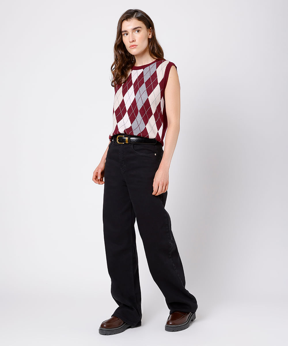 colete feminino de tricot xadrez argyle mindset vinho