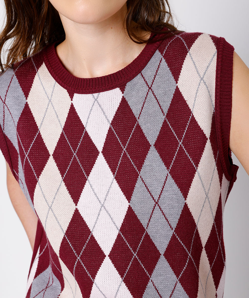 colete feminino de tricot xadrez argyle mindset vinho