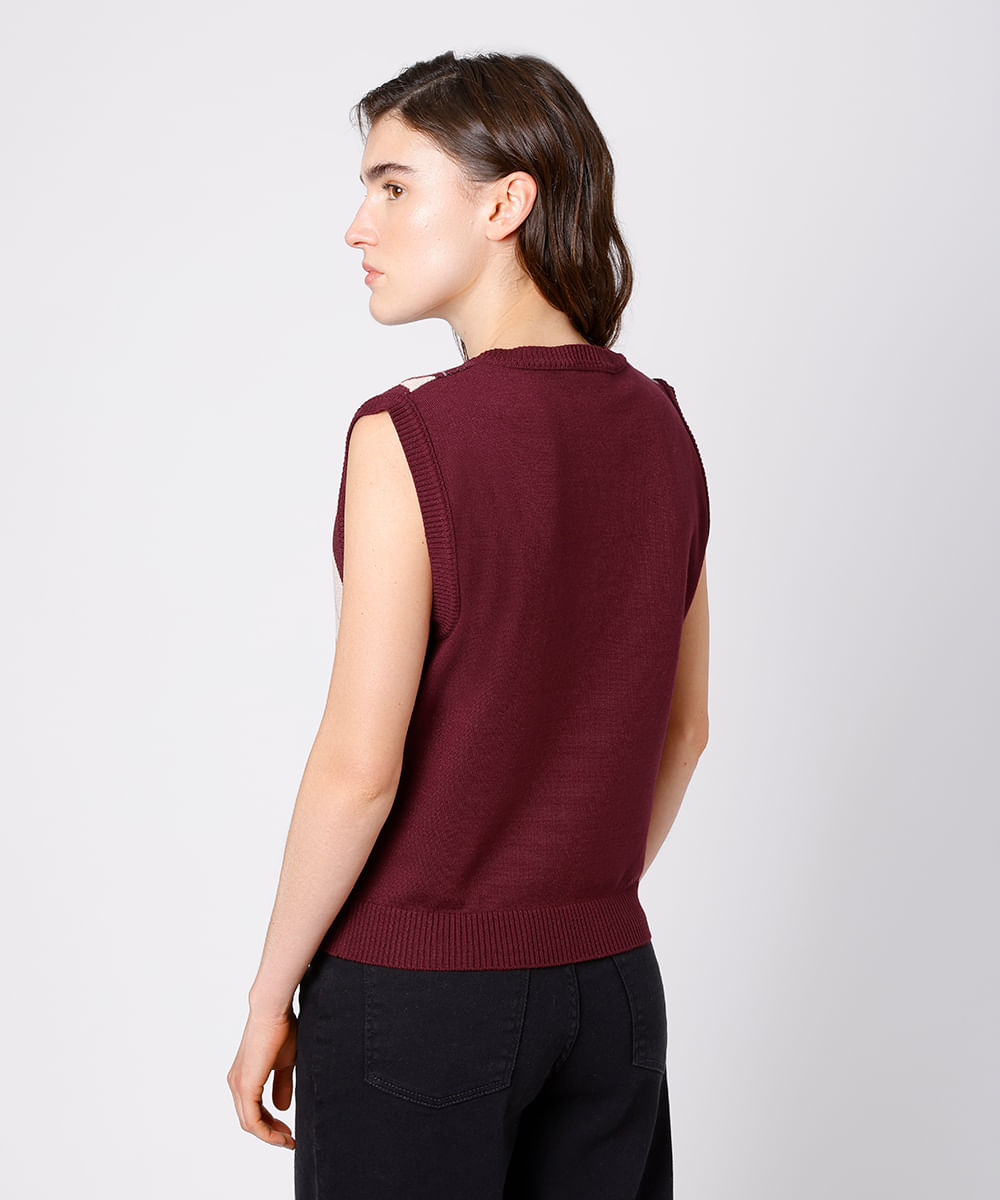 colete feminino de tricot xadrez argyle mindset vinho