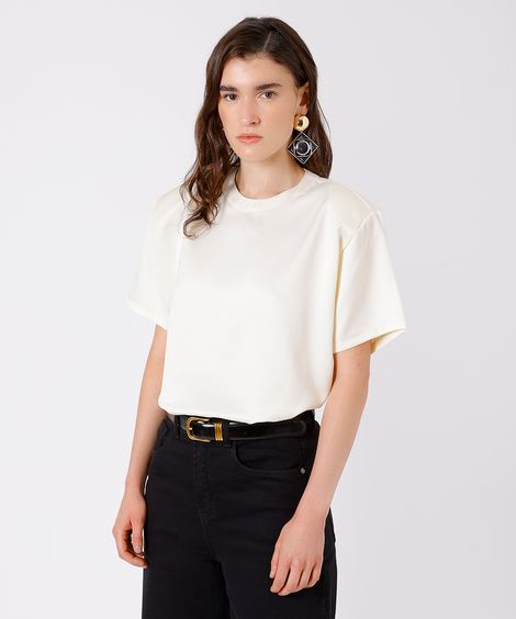 blusa feminina acetinada com ombreira mindset off white