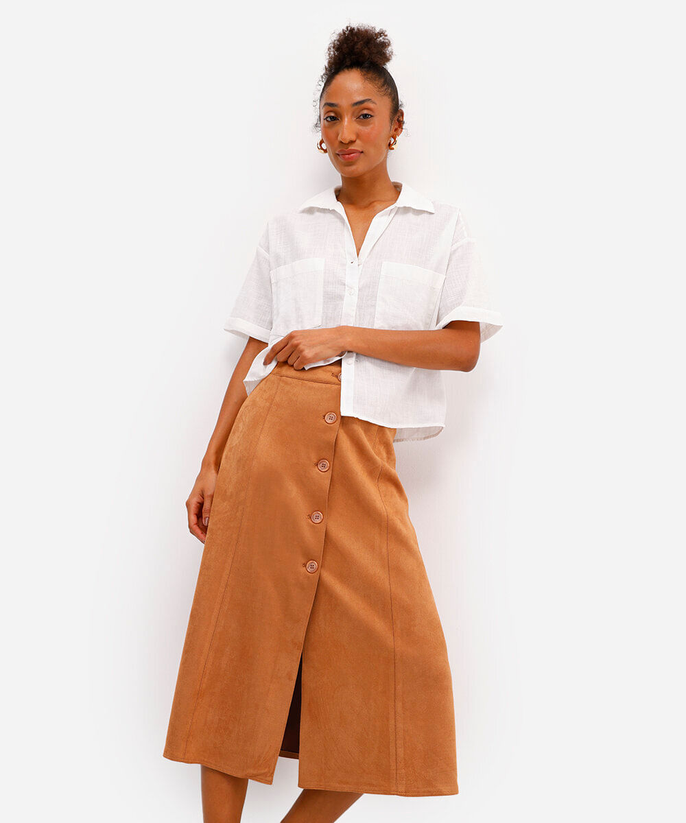 saia midi feminina de suede com fenda bege