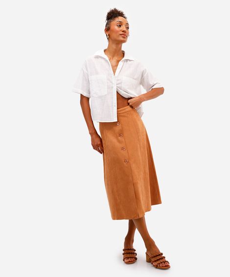 saia midi feminina de suede com fenda bege