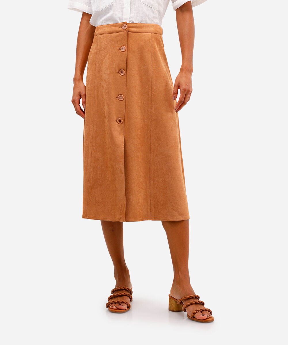 saia midi feminina de suede com fenda bege