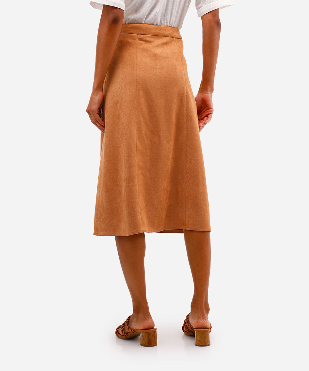 saia midi feminina de suede com fenda bege