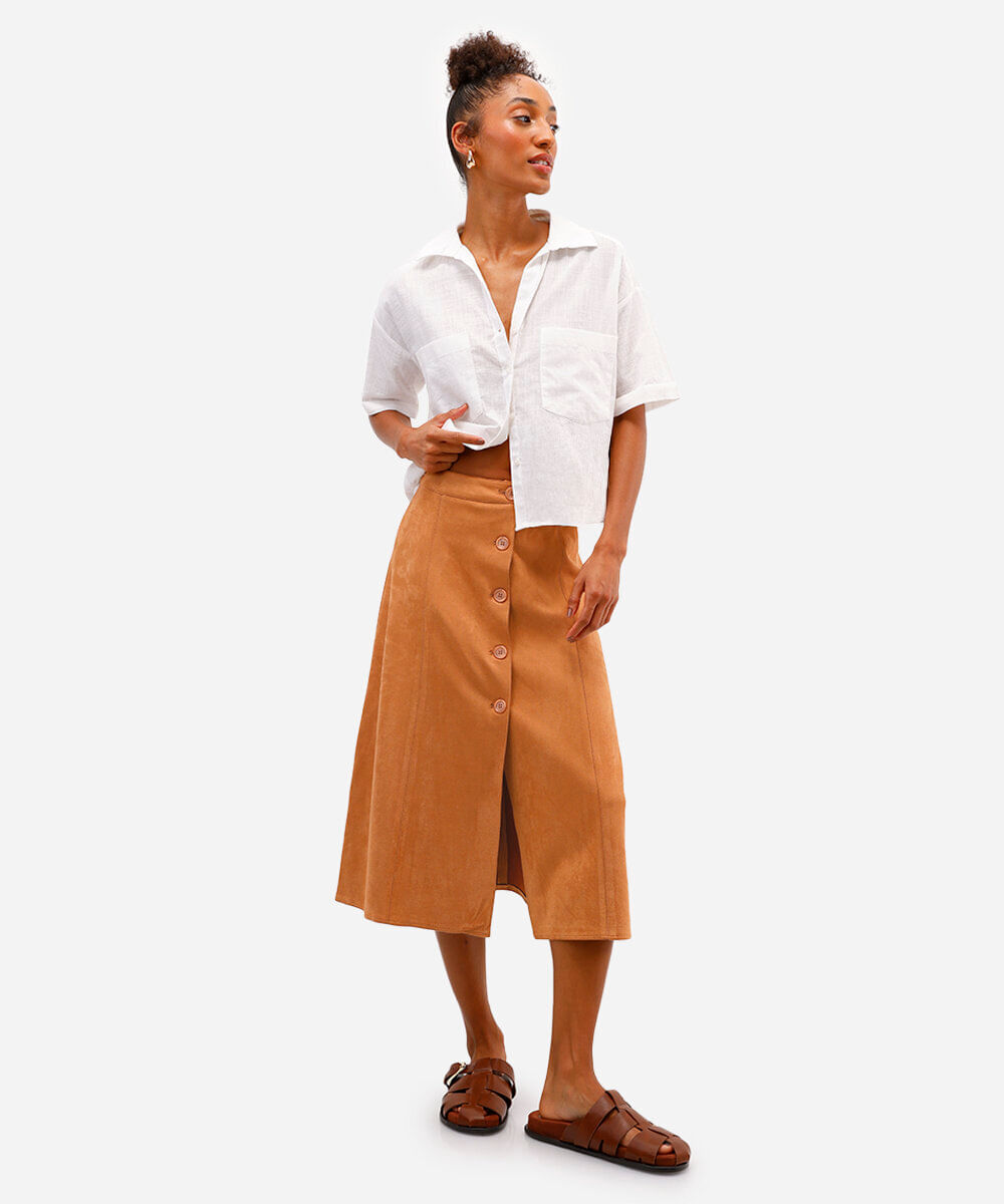saia midi feminina de suede com fenda bege