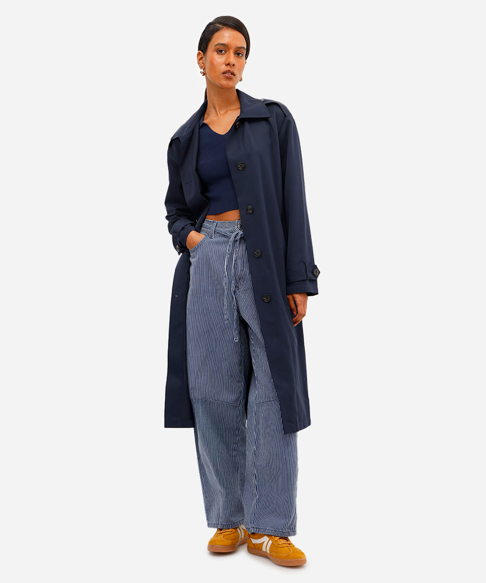 calça baggy balloon feminina jeans listrada com cordão azul