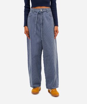 calça baggy balloon feminina jeans listrada com cordão azul