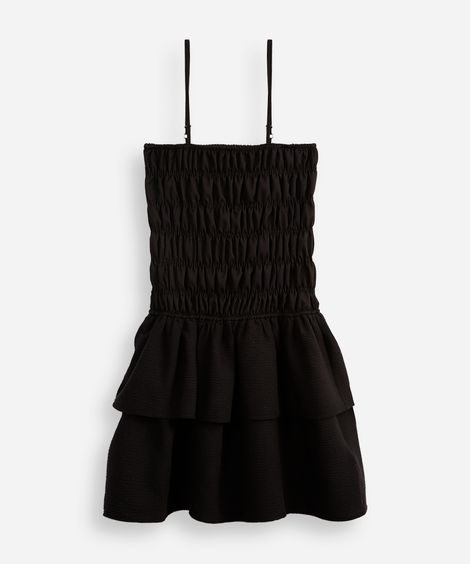 vestido juvenil franzido texturizado preto