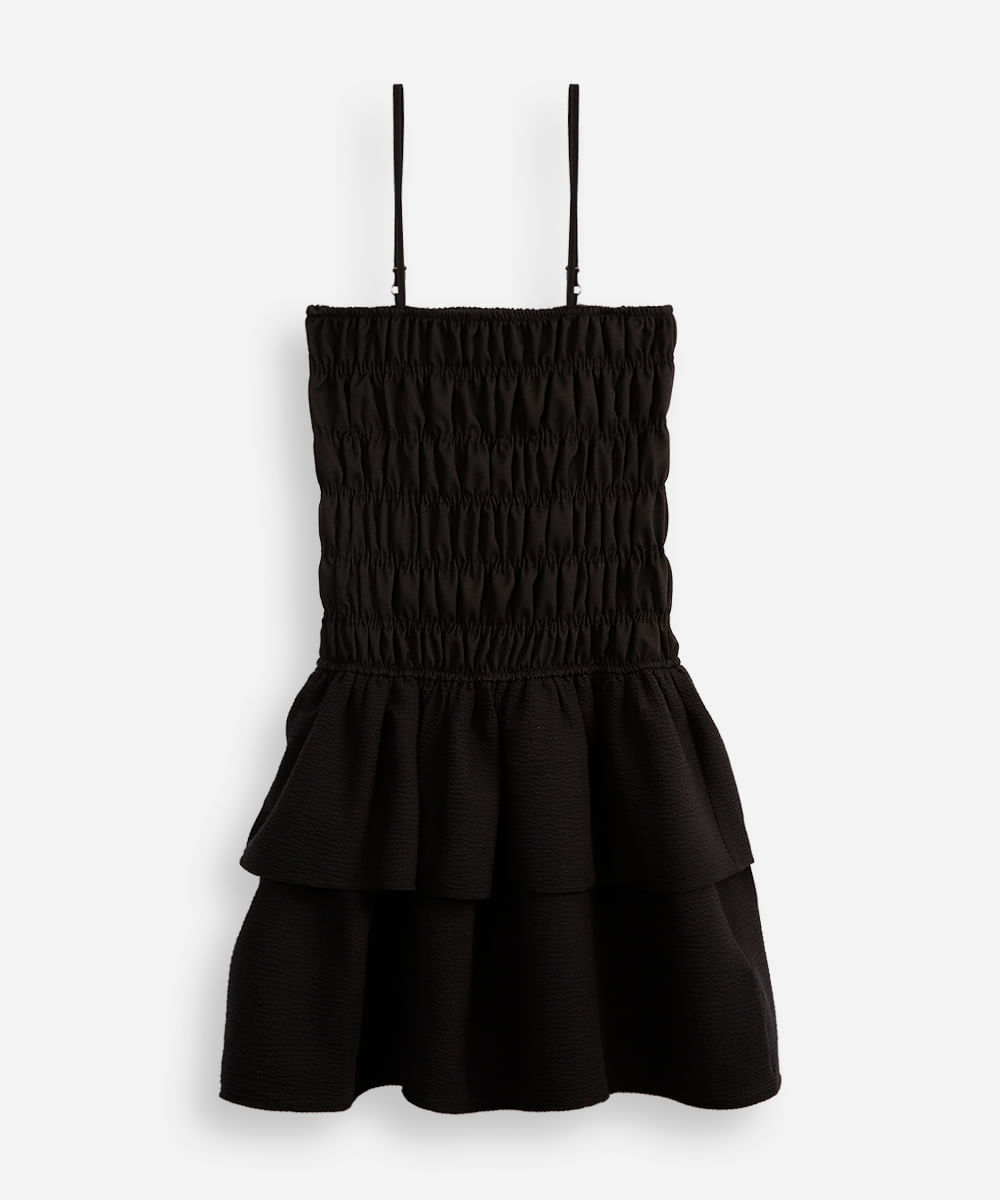 vestido juvenil franzido texturizado preto