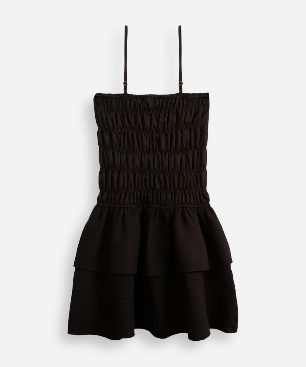 vestido juvenil franzido texturizado preto