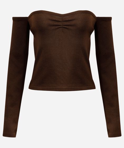 cropped de tricot juvenil ombro a ombro marrom