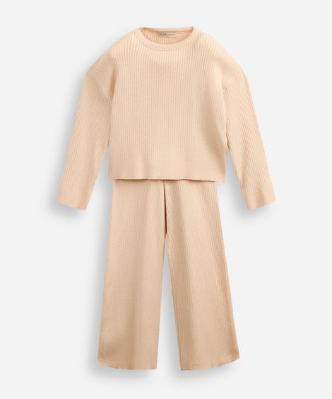 conjunto longo infantil de tricot canelado bege