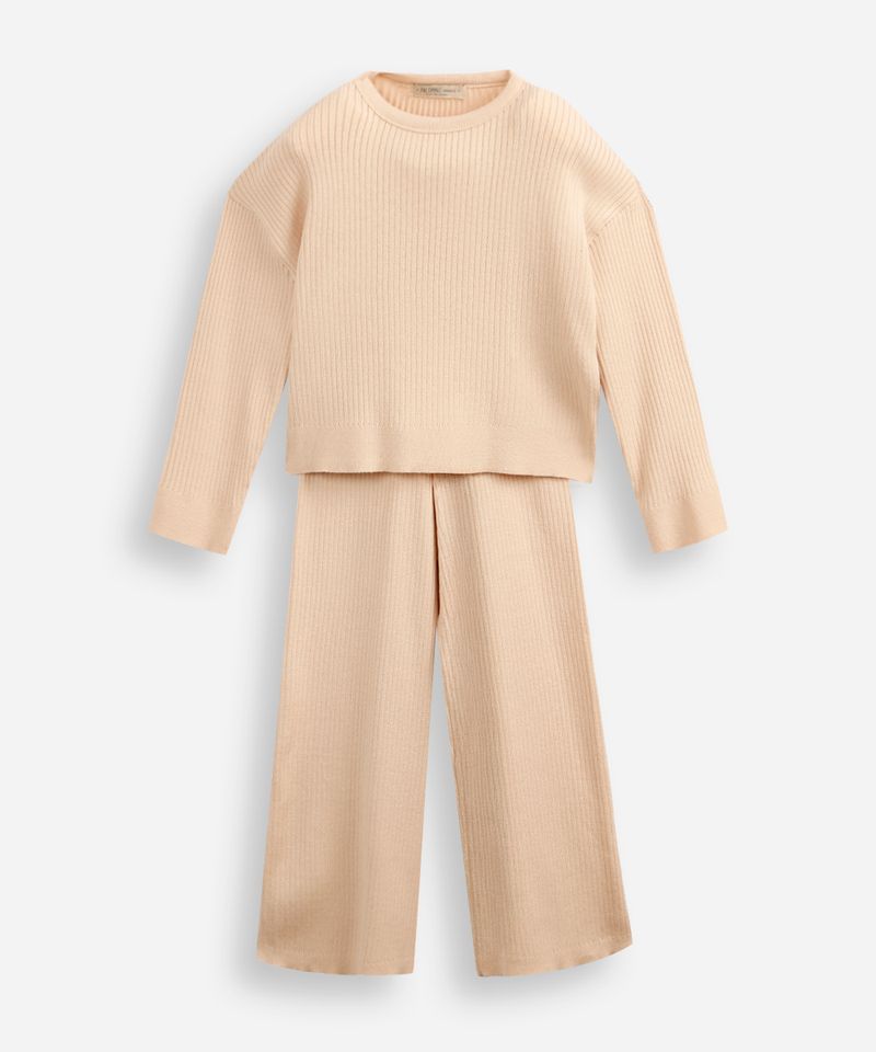 conjunto longo infantil de tricot canelado bege