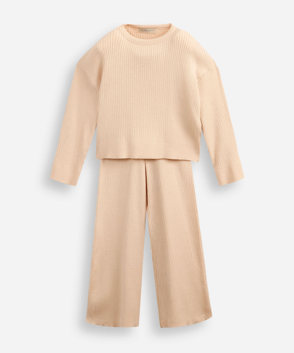 conjunto longo infantil de tricot canelado bege