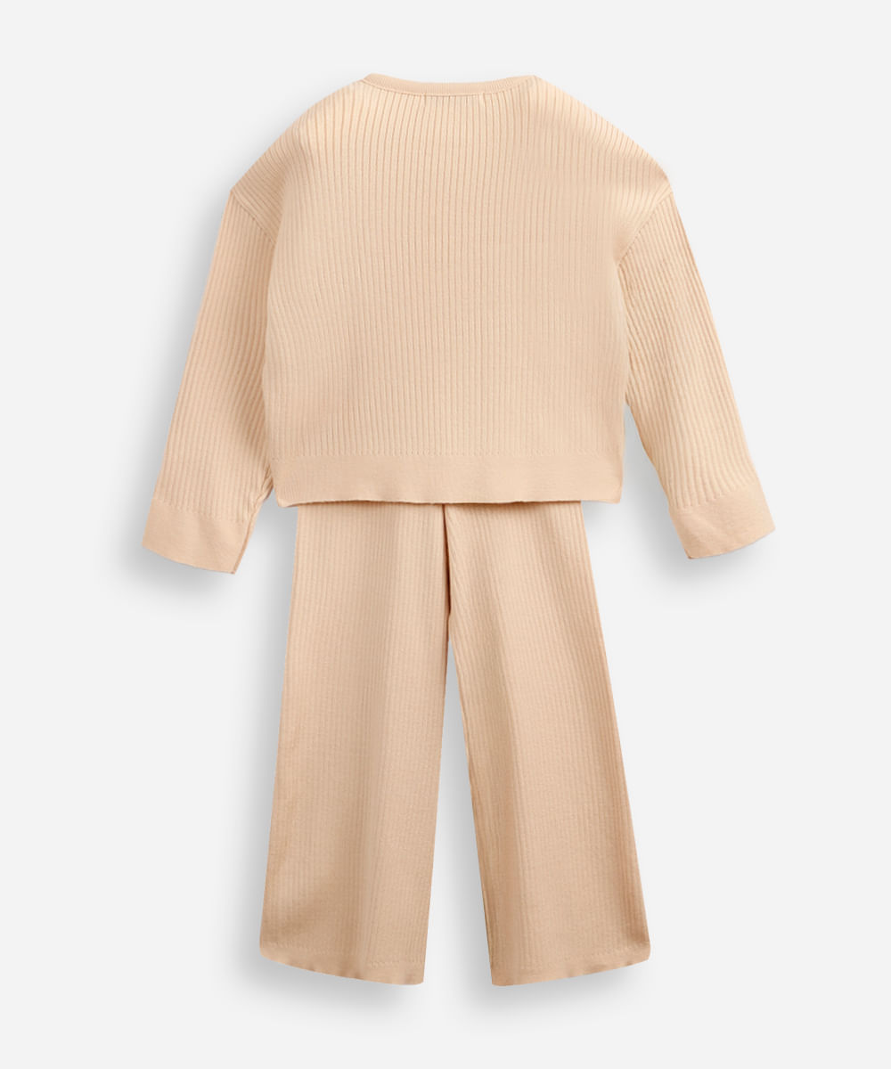 conjunto longo infantil de tricot canelado bege
