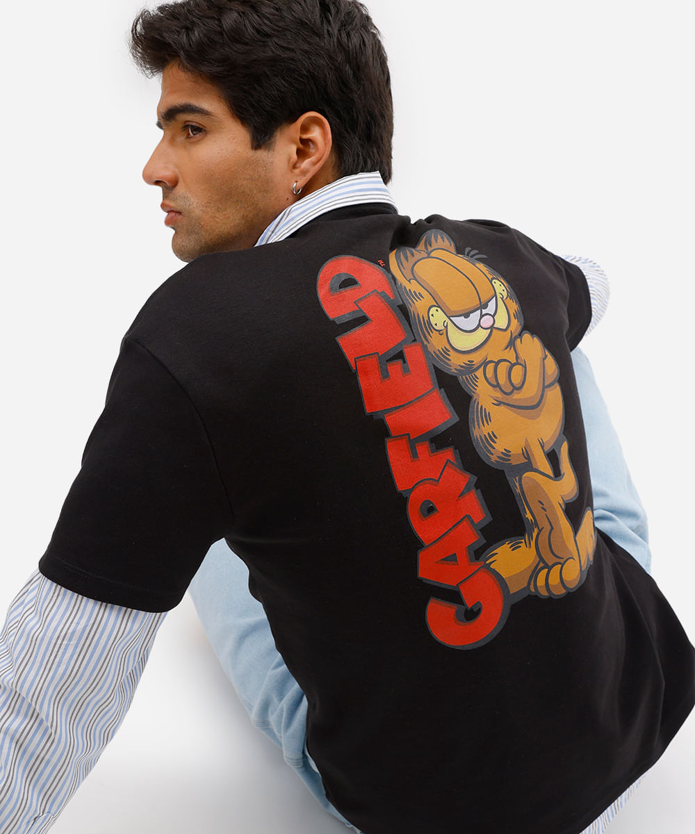 camiseta masculina manga curta garfield preta