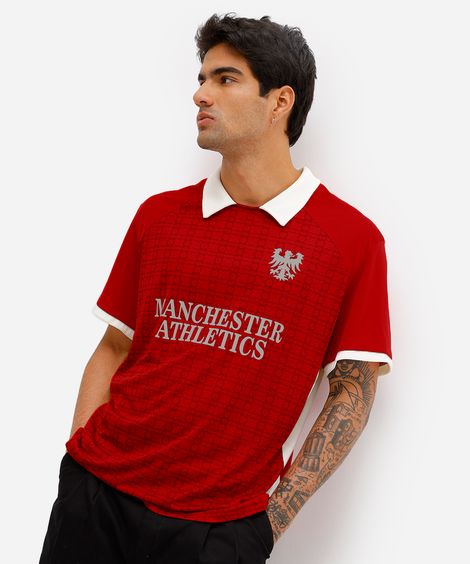 camiseta retrô unissex com gola manga curta manchester vermelha