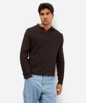 polo masculina de tricot manga longa marrom