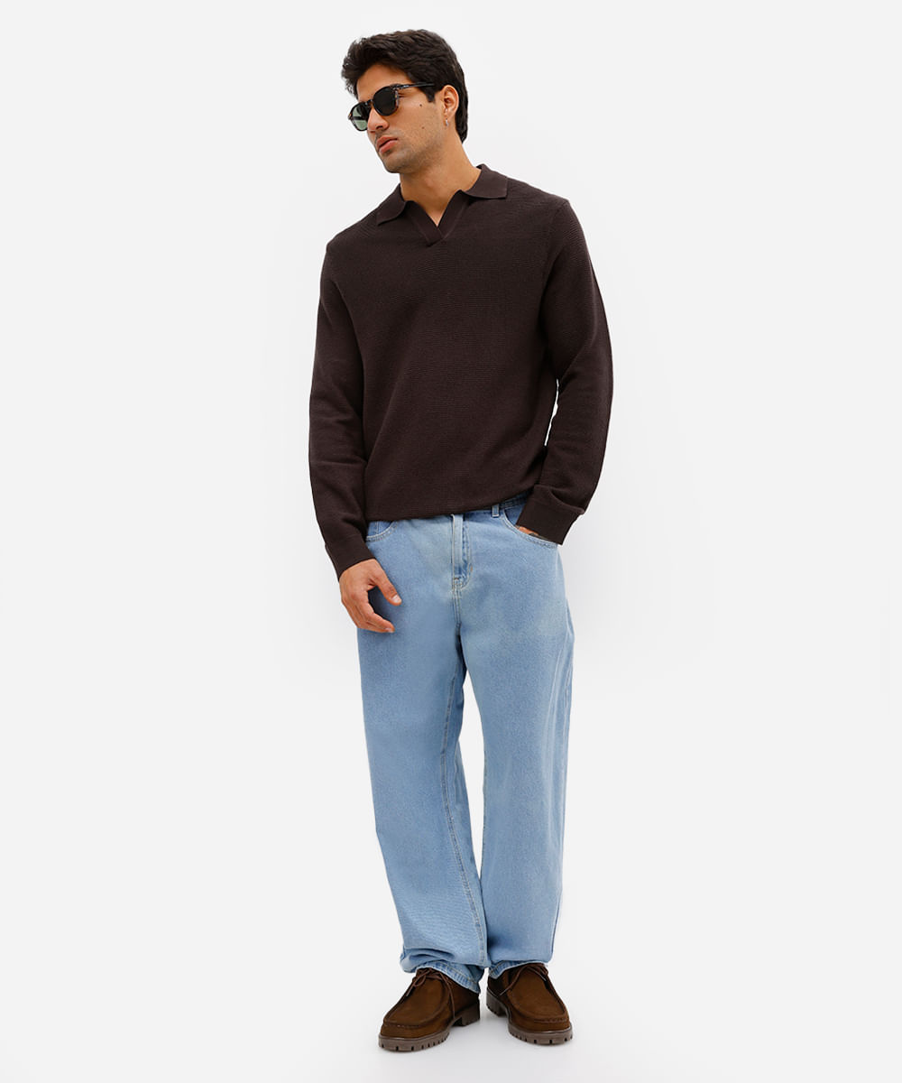 polo masculina de tricot manga longa marrom