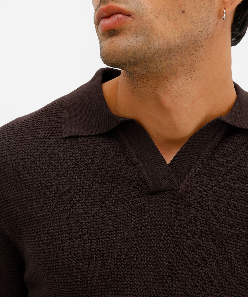 polo masculina de tricot manga longa marrom