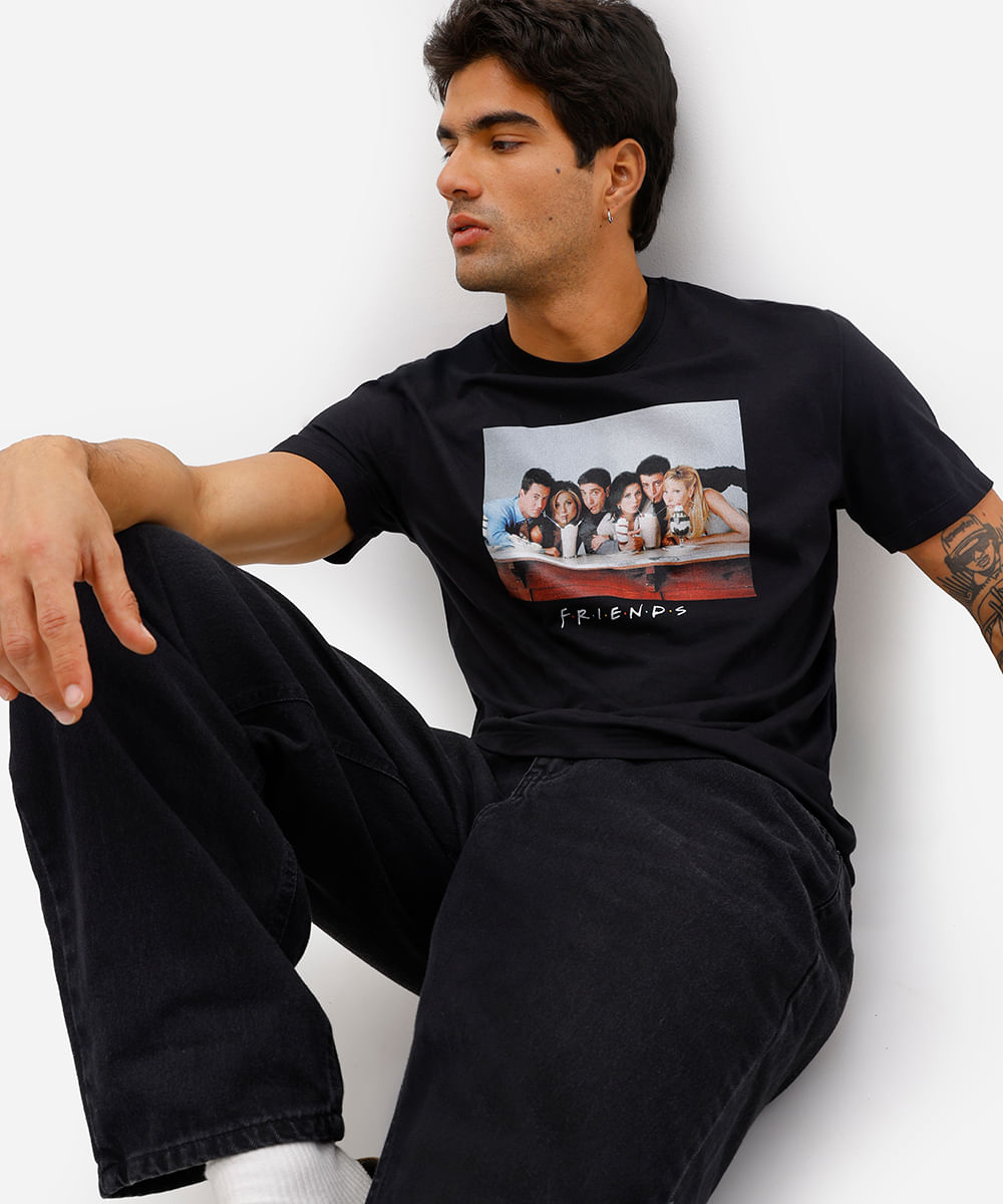 camiseta masculina de algodão friends preta