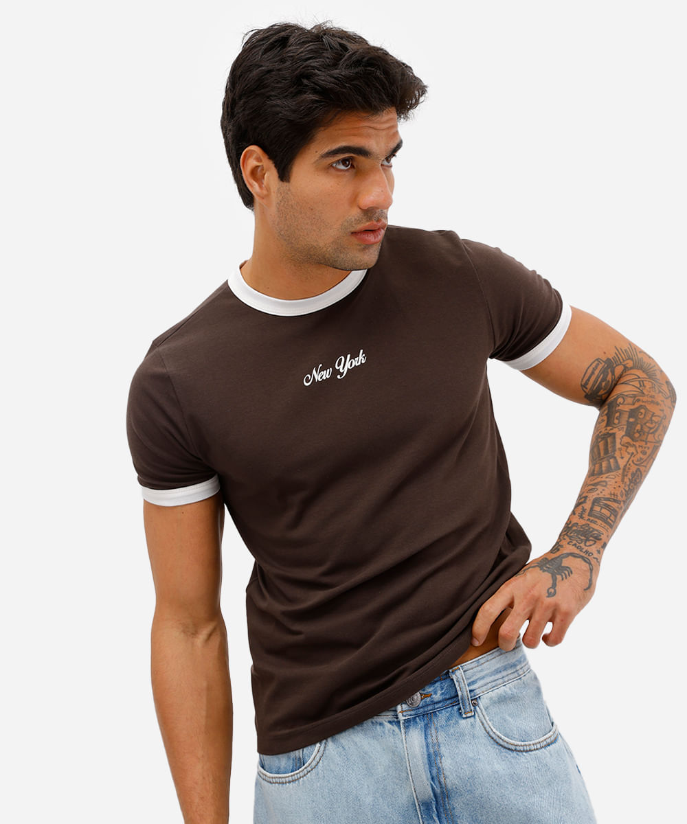 camiseta muscle masculina de algodão new york - marrom escuro
