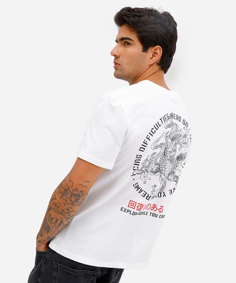 camiseta masculina de algodão peruano estampada branca