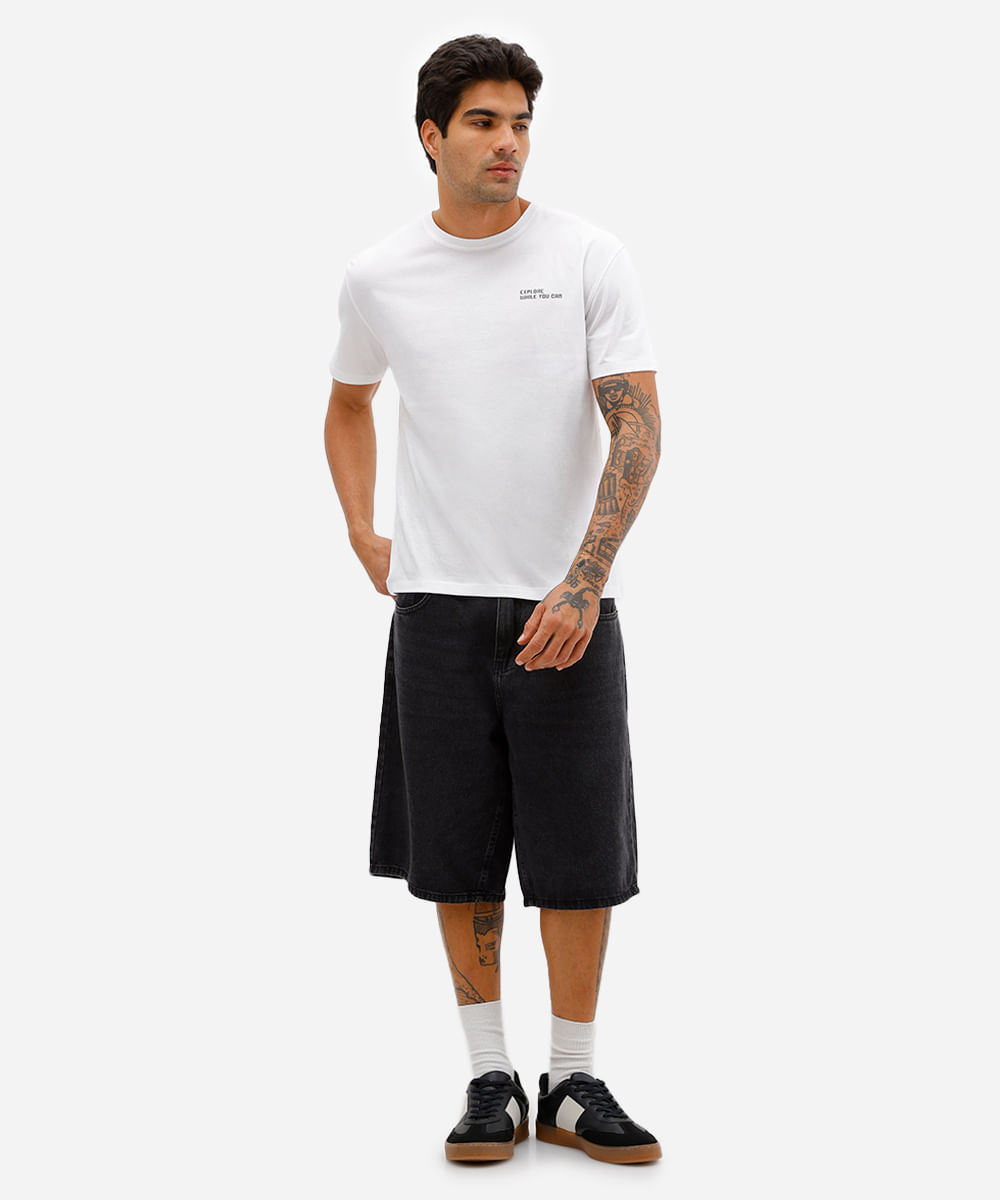 camiseta masculina de algodão peruano estampada branca