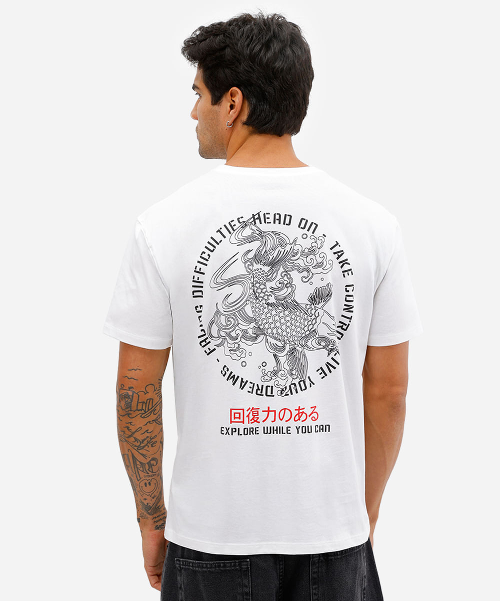 camiseta masculina de algodão peruano estampada branca