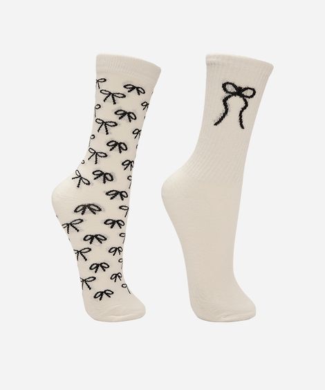 kit de 2 meias femininas cano alto lacinho off white