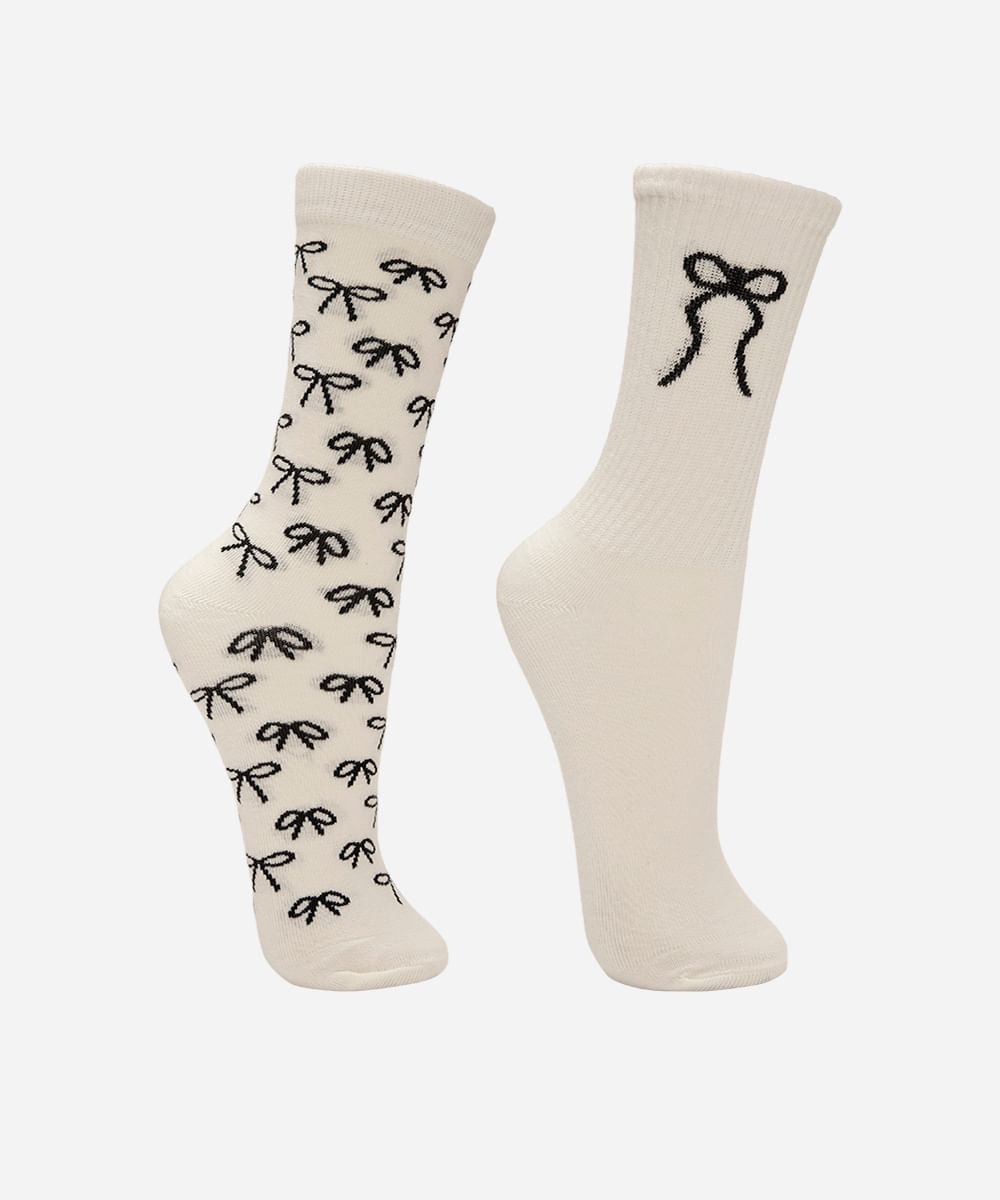 kit de 2 meias femininas cano alto lacinho off white