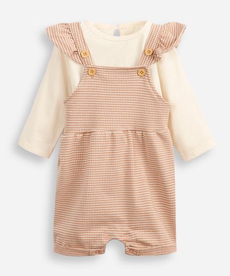 jardineira infantil jacquard com babados bege