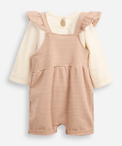 jardineira infantil jacquard com babados bege