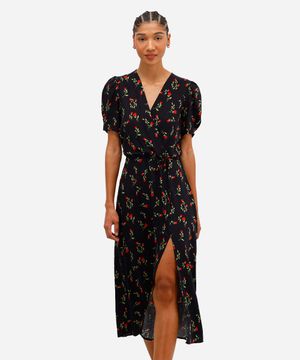 vestido midi de viscose com fenda floral preto
