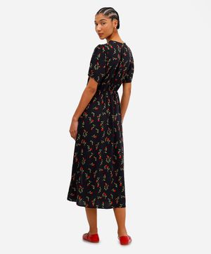 vestido midi de viscose com fenda floral preto