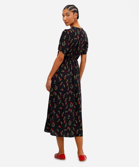 vestido midi de viscose com fenda floral preto