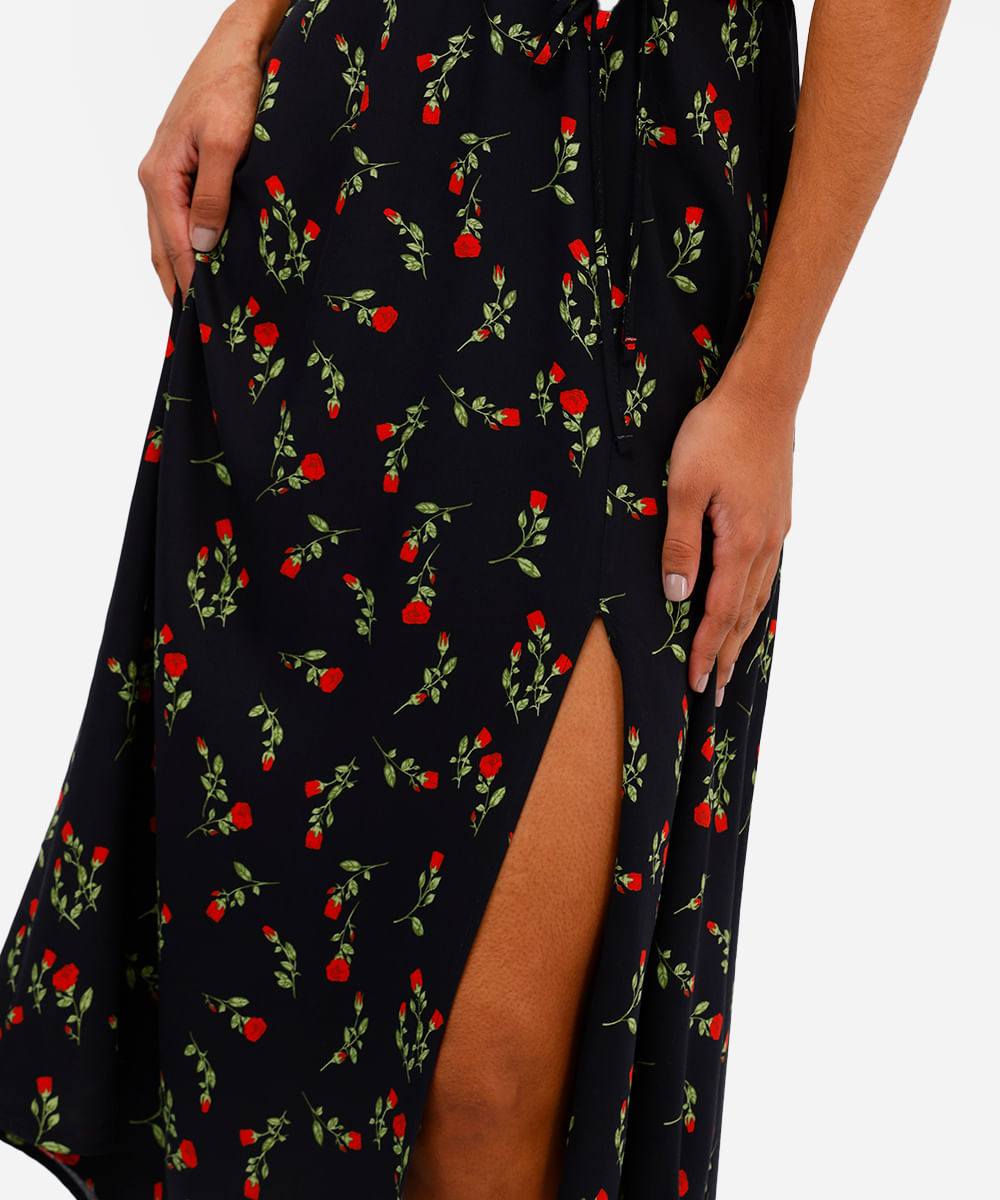 vestido midi de viscose com fenda floral preto