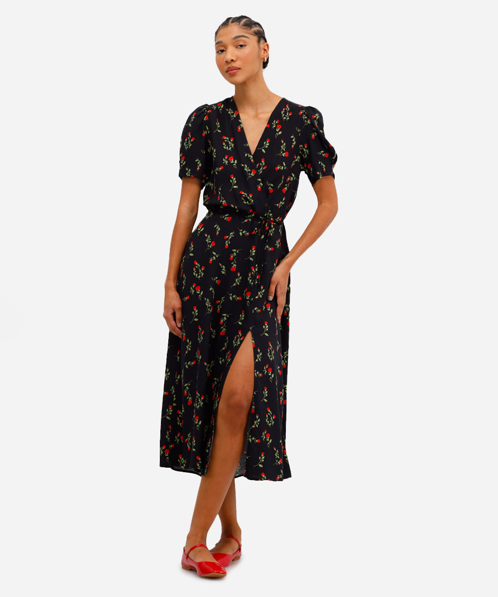 vestido midi de viscose com fenda floral preto
