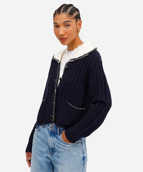 cardigan feminino de tricot com bolsos azul